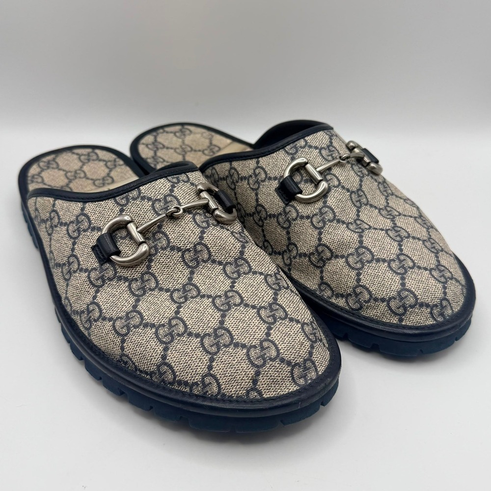 Gucci GG Supreme Horsebit Mules Beige Blue Monogram Lug Sole Slides Italy Size 8